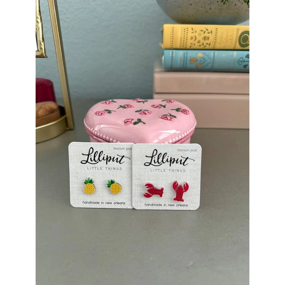 Lilliput Little Things Stud Earrings Set Pineapple Lobster Handmade NOLA